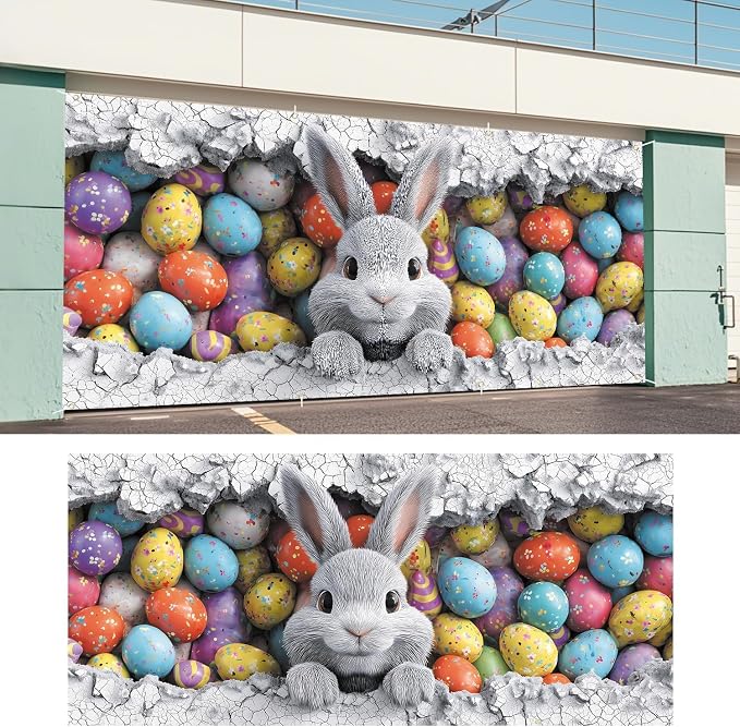 ANNA QUEEN Easter Bunny Garage Door Banner 6x13FT, Cute Rabbit Peeking Cracked - Image 6