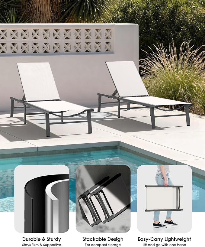 Ciokea Foldable Outdoor Lounge Chair Set of 2, No Assembly Aluminum Chaise - Image 5