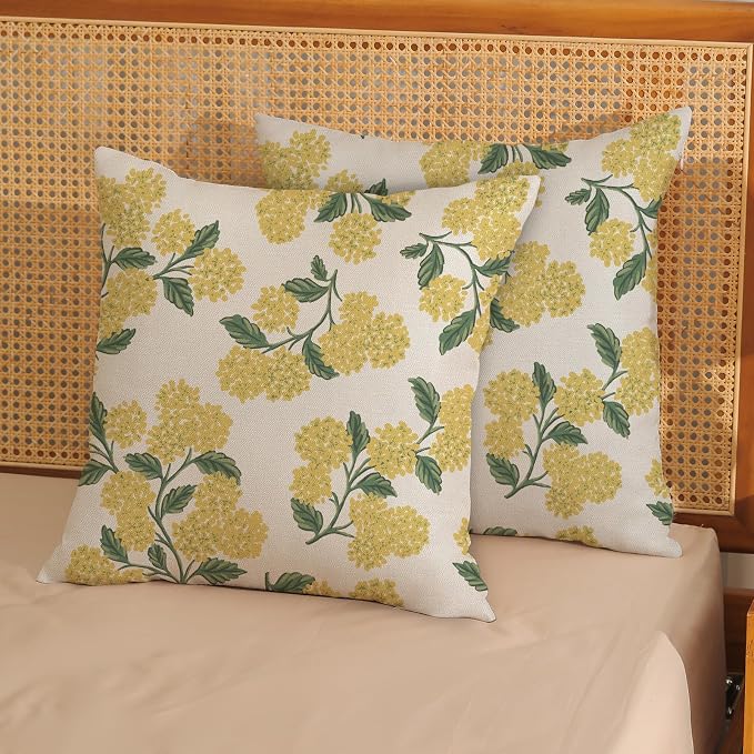 Mustard Yellow Spring Pillow Covers 20x20 Inch 2 Pcs Green Hydrangea Flower - Image 2