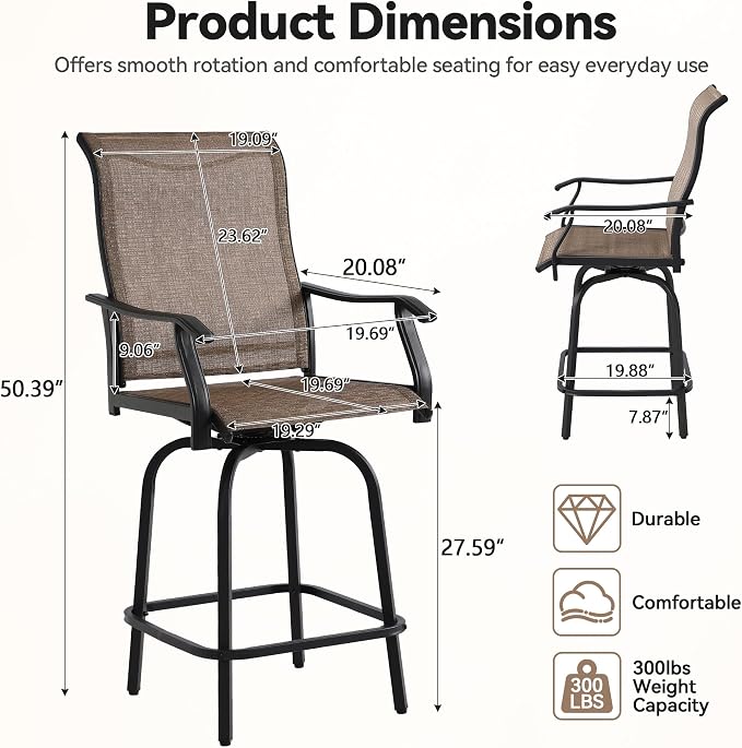Outdoor Swivel Bar Stools Set of 2, All-Weather Metal Patio Bar Height Chairs - Image 2