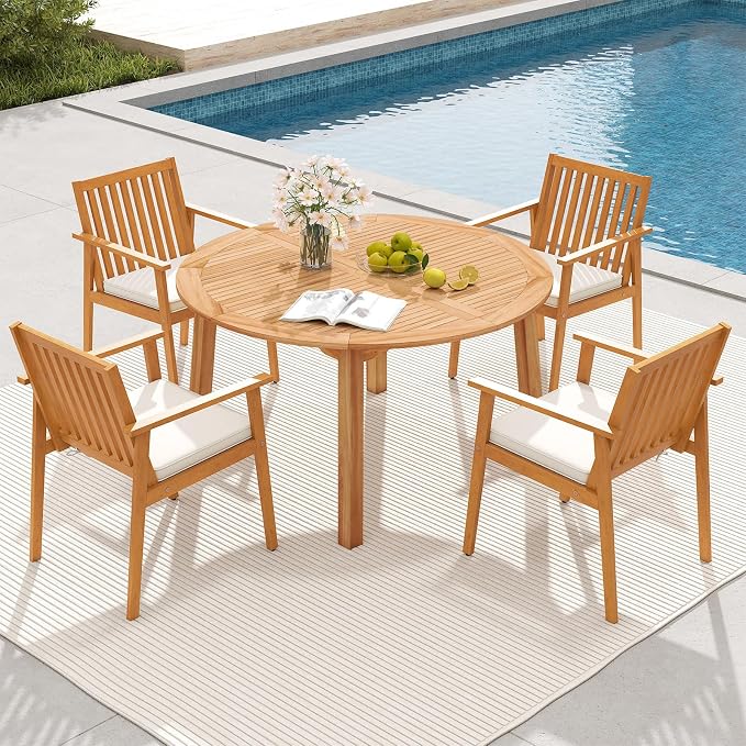 Tangkula 5 Pieces Wood Round Patio Dining Set, Outdoor Acacia Table and Chairs - Image 3