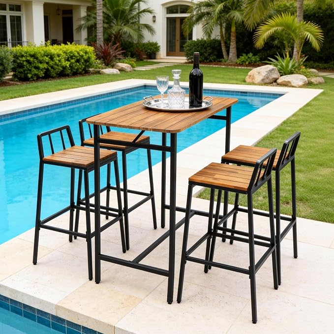 VINGLI 5 Pieces Outdoor Patio Bar Set, Acacia Wood Outdoor Dining Set Patio - Image 8