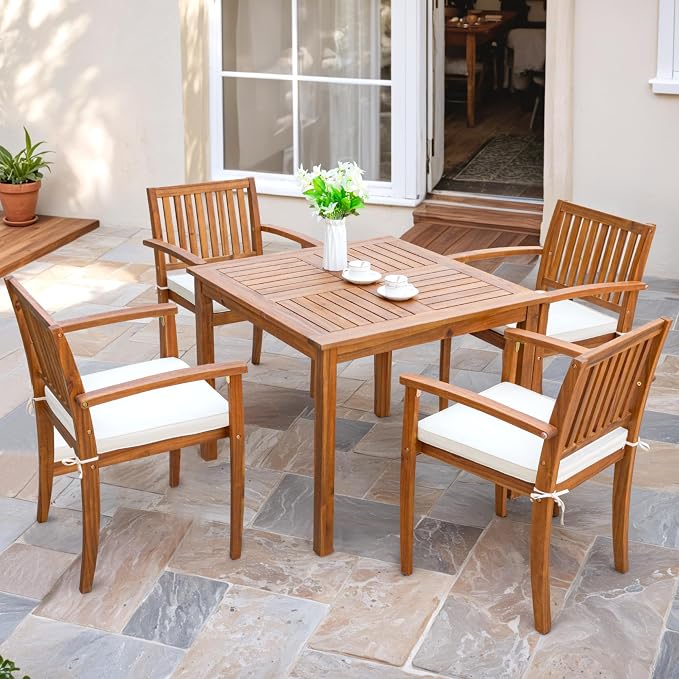 Flamaker 5 Piece Outdoor Dining Set Acacia Wood Patio Table and Chairs by Flamaker