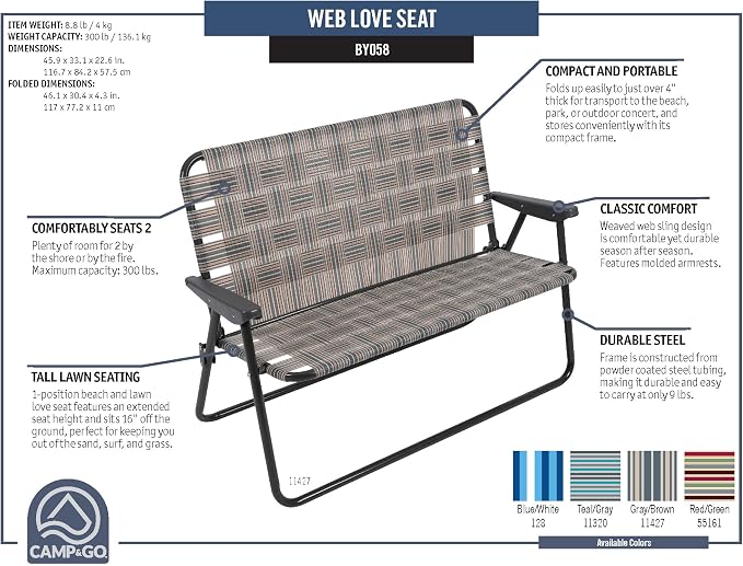 Camp & GO 16" Extended Height Folding Double Wide Web Lawn Chair Loveseat - Image 9