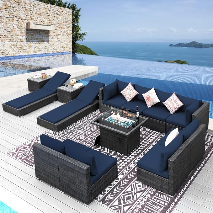 NICESOUL 13 Piece Outdoor Sectional w/Fire Pit Table, Luxury Modular Patio by NICESOUL