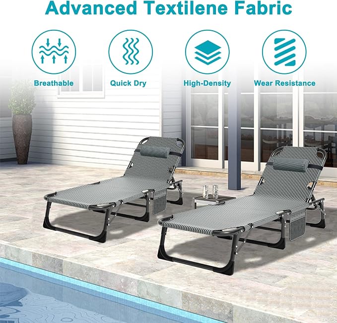 ABORON 2PK Heavy Duty Tanning Chair, 5-Gear Outdoor Folding Chaise Lounge Chair - Image 5
