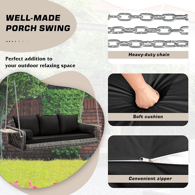 Grepatio 3 Person Porch Swing Patio Wicker Hanging Porch Swing Chair Outdoor - Image 3