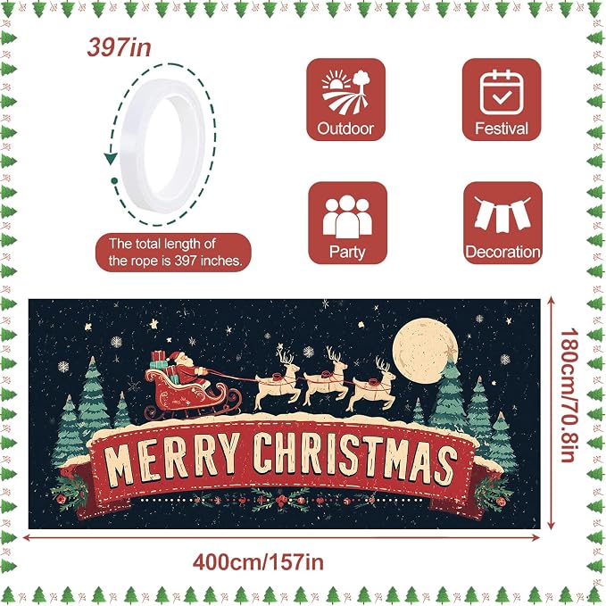 ANNA QUEEN Christmas Garage Door Banner 6×13 FT, Retro Santa Sleigh & Merry - Image 3