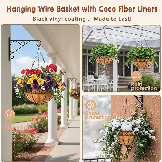 12 inch Metal Hanging Baskets For Plants Outdoor 4 Pack Round Metal Wire - Image 3