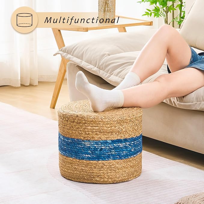 Handwoven Water Hyacinth Ottoman Pouf, Round Outdoor Footstool - Image 2