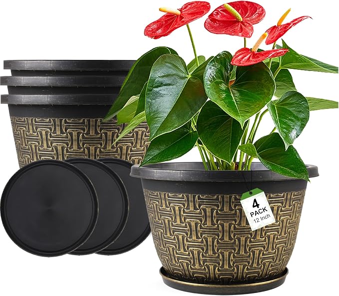 4 Pack 12 Inch Plant Pots, Large-Plant-Flower-Planters-Plastic, Flower Pots by Nooulap