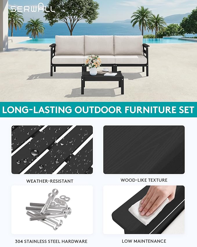 SERWALL HDPE Outdoor Furniture Set, 4 Pieces Patio Sectional Sofa Set, - Image 3