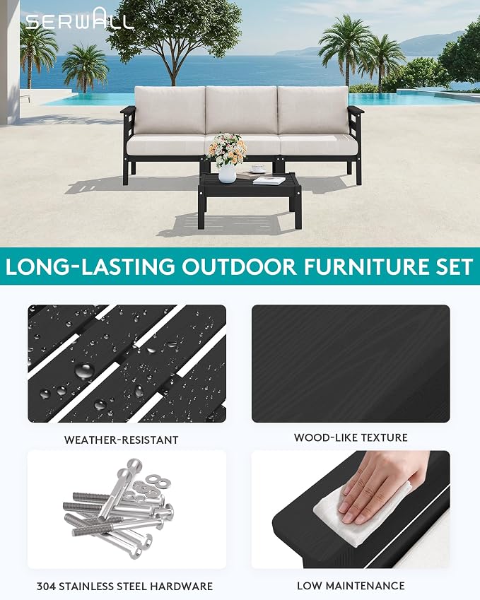 SERWALL HDPE Patio Furniture Set, 2 Pieces Outdoor Sectional Sofa Set, - Image 6