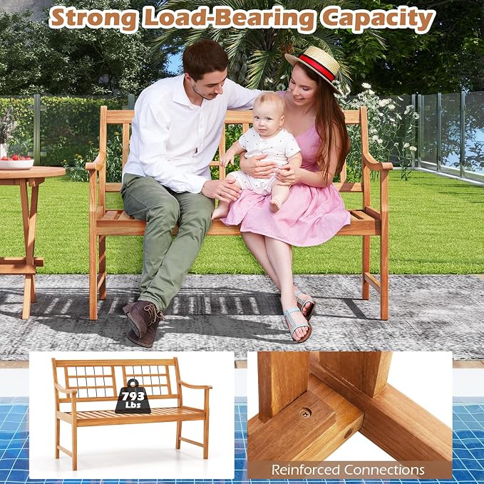 HAPPYGRILL Outdoor Acacia Wood Bench, 2-Person Patio Bench - Image 8