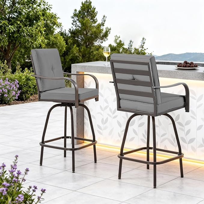 Patio Swivel Bar Stools, Outdoor Bar Height Swivel Chairs Set of 2 - Image 3