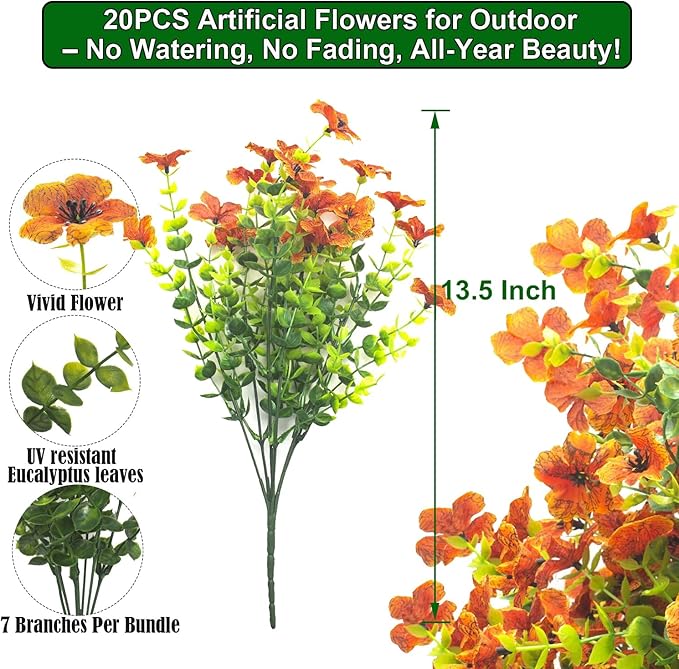 20 Bundles Artificial Flowers for Outdoors, UV Resistant Fake Plants Flowers - Image 2