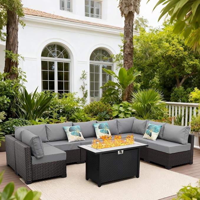 9 Pieces Wicker Patio Furniture Set Outdoor PE Rattan Sectional Conversation - Image 2