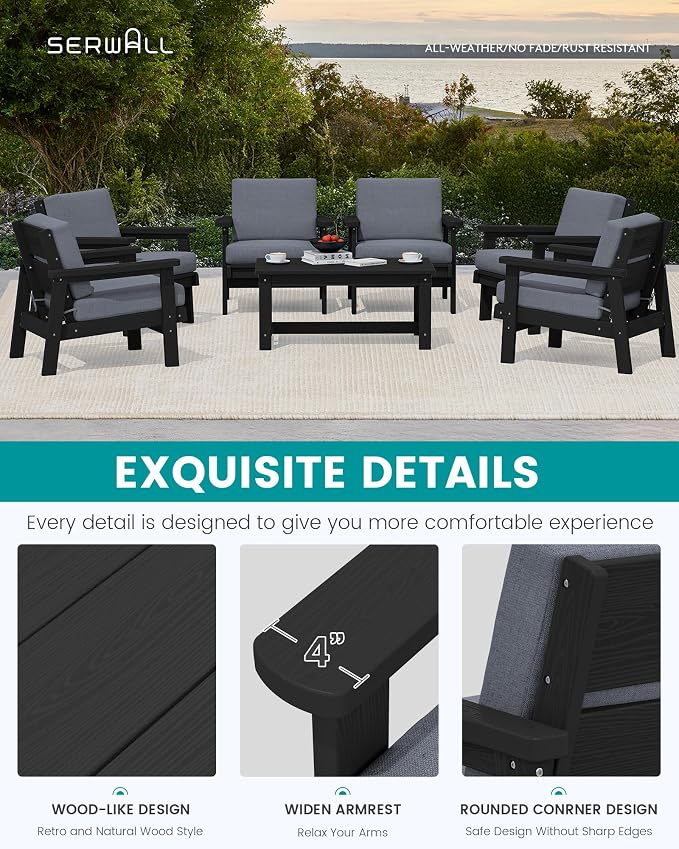 SERWALL HDPE Outdoor Furniture Set, 7 Piece All Weather Wood-Like Outdoor Sofa - Image 4