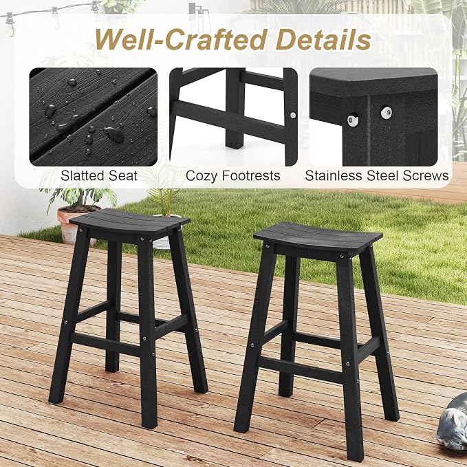 Tangkula Patio Bar Stools Set of 2, 29 Inch HDPE Bar Height Armless Saddle - Image 6