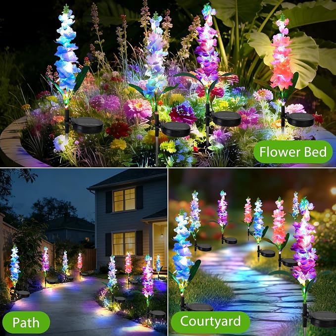 4 Pack Color Changing Solar Lights Outdoor Waterproof, Solar Delphinium Flower - Image 6