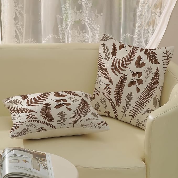 Brown Spring Pillow Covers 18x18 Inch 2 Pcs Vintage Leaf Plant Decor Throw - Image 4