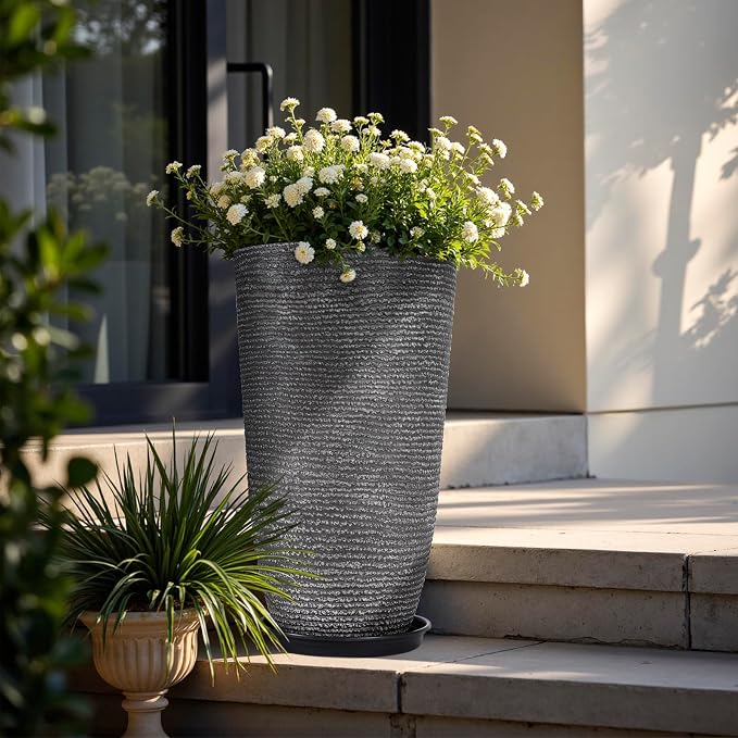 QCQHDU Large Tall Dark Gray Planters Set of 2-9 Gallon 12" Round Outdoor - Image 7