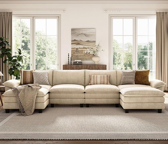 LINSY HOME 157'' Modular Sectional Sofa Beige Couch Corduroy Cloud Couches - Image 8