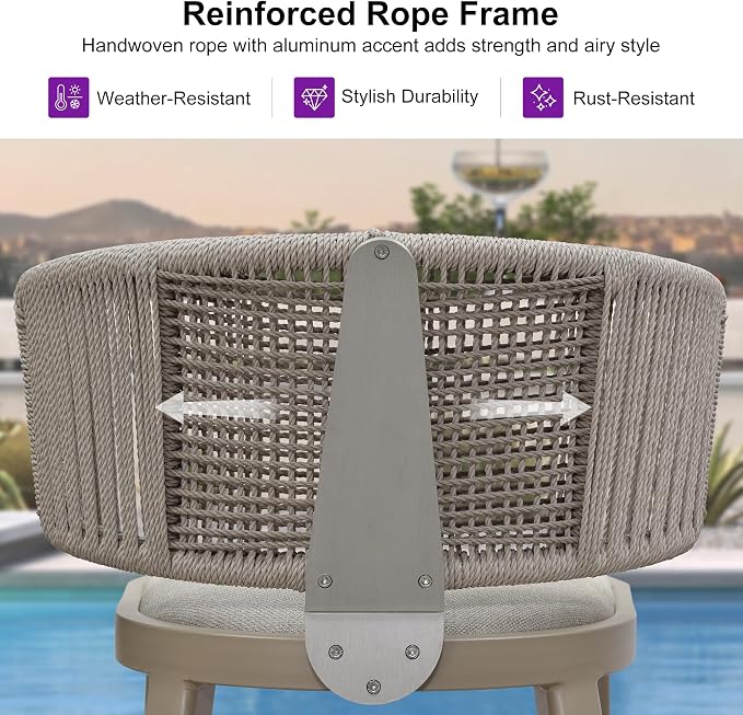 PURPLE LEAF Outdoor Bar Height Stool Set of 2 Modern Rattan Bar Chairs - Image 5