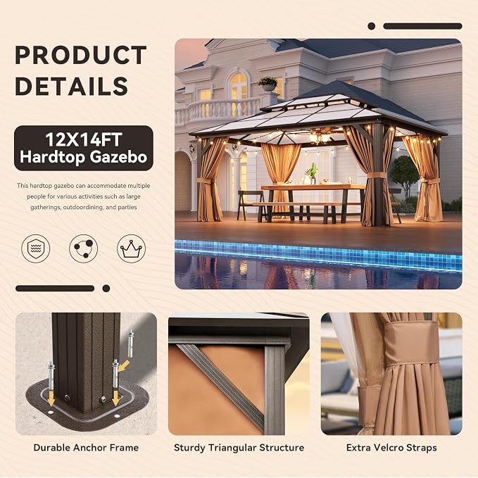 Aoxun 12'x14' Hardtop Gazebo, Outdoor Metal Gazebo - Image 8