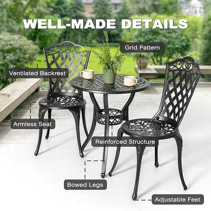 NUU GARDEN 3-Piece Patio Bistro Set Outdoor Cast Aluminum Bistro Table and - Image 8