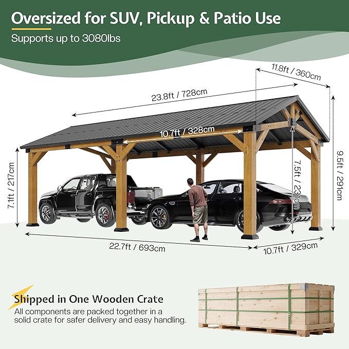 Jocisland 12x24x9.5 FT Cedar Wood Hardtop Carport - Image 2