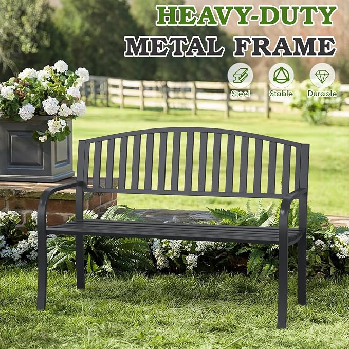 50" Outdoor Garden Bench, Iron Metal Frame Patio Bench - Image 8