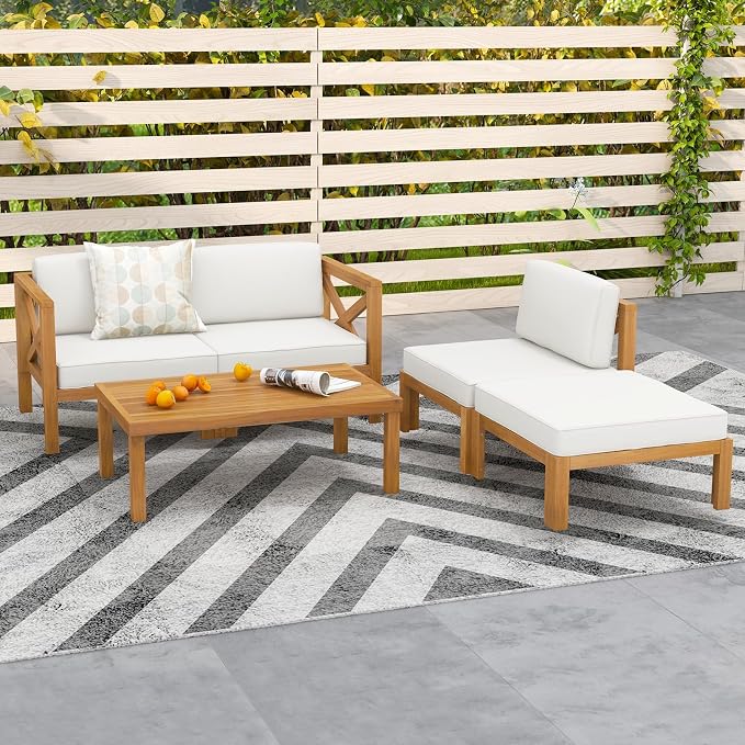 Tangkula 5 Piece Outdoor Conversation Furniture Set, Acacia Wood Sectional Sofa - Image 3