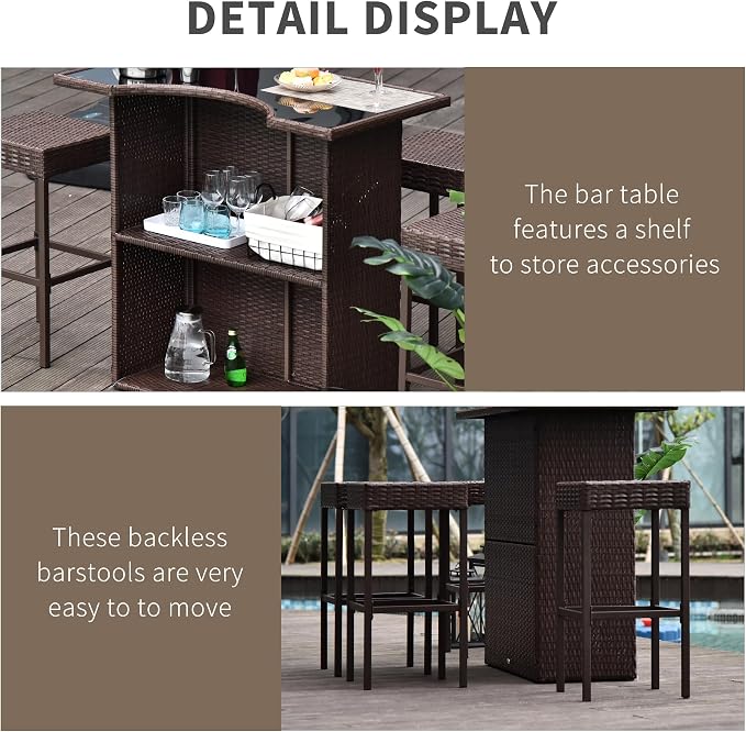 Outsunny 5 Pcs Rattan Wicker Bar Set, High Top Outdoor Table and Chairs - Image 5