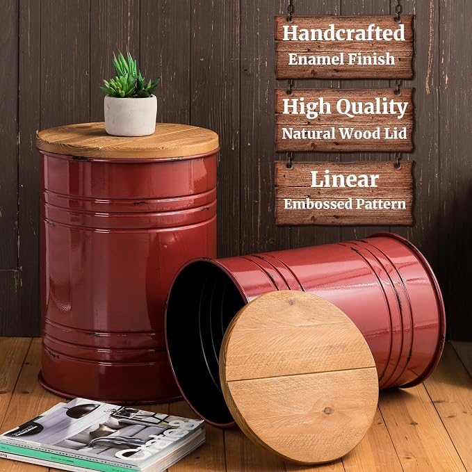 Glitzhome Rustic End Table Set of 2, Farmhouse Galvanized Metal Barrel Ottoman - Image 5