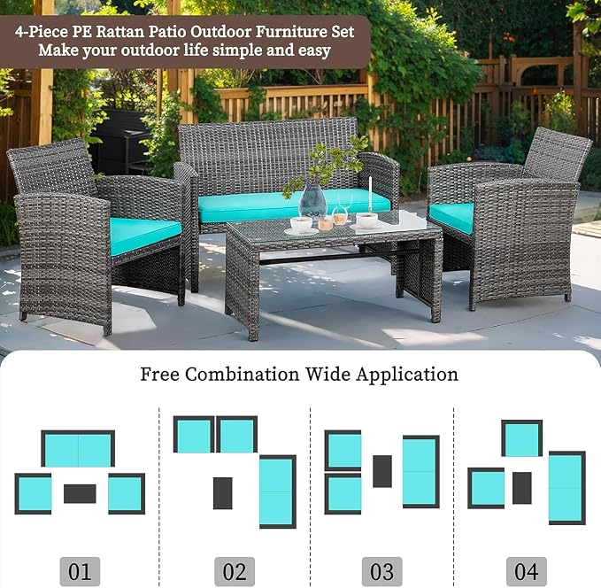 4 Piece Patio Ratten Set Outdoor Furniture Set Wicker Conversation Set - Image 2