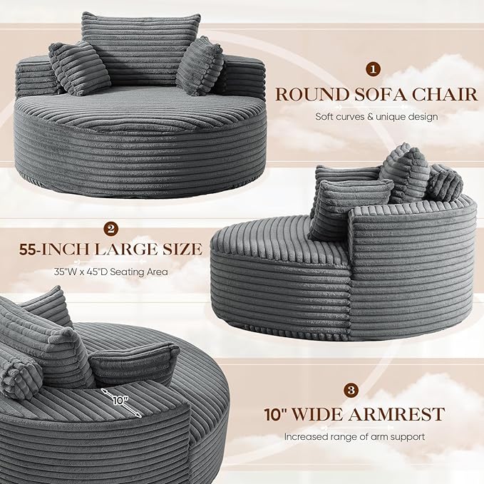 Oversized Round Chaise Longue Chair Indoor, Modern 55-inch Upholstered Corduroy - Image 5