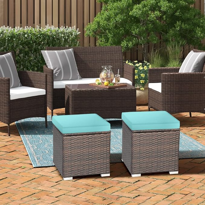 MEDIMALL Patio Wicker Ottoman Set of 2, Rattan Side Table w/Storage, Footstool - Image 8