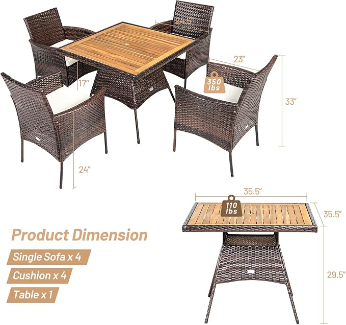 Tangkula 5 Pieces Wicker Patio Dining Set, Outdoor Acacia Wood Dining Furniture - Image 4