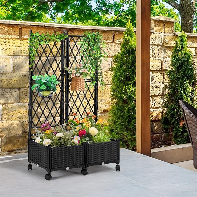 Planter Box with Trellis, 4ft Tall Self-Watering Plastic Raised Garden Beds and - Image 2