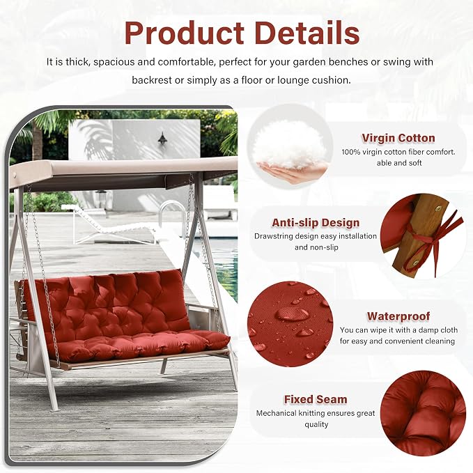 Porch Swing Cushion with Backrest, Waterproof Bench Cushion - Image 3