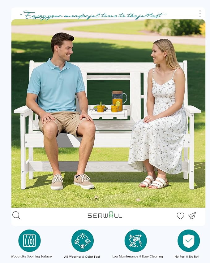 SERWALL Outdoor Bench with Cup Holder, All Weather Patio Benches with High - Image 9