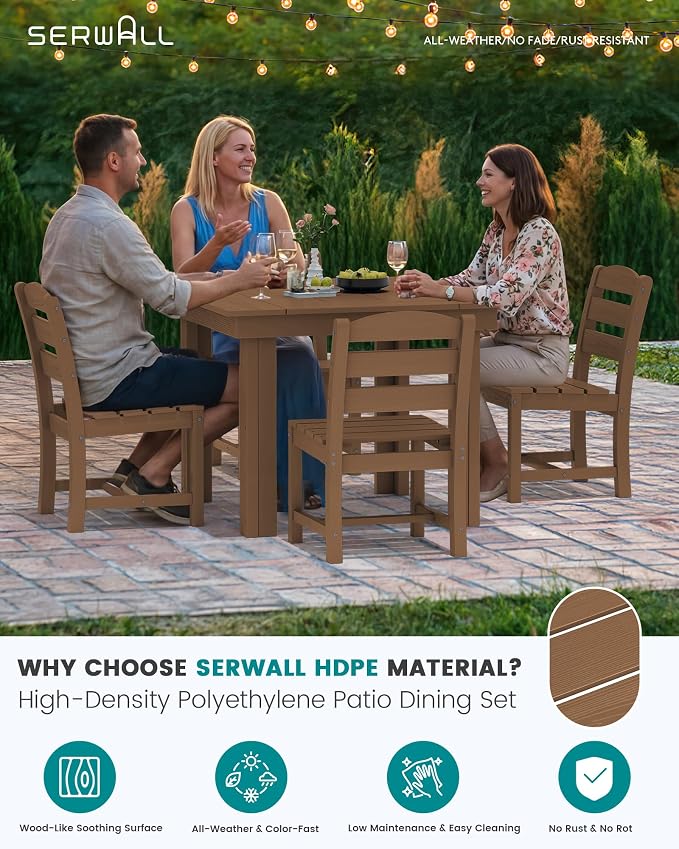 SERWALL Outdoor Dining Set for 4, HDPE Square Table and Chairs Set All Weather - Image 3