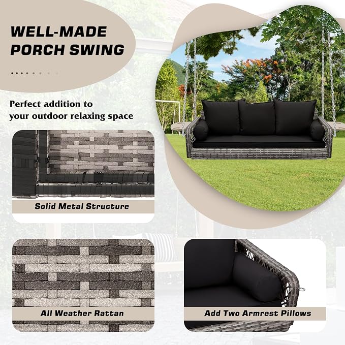 Grepatio 3 Person Porch Swing Patio Wicker Hanging Porch Swing Chair Outdoor - Image 2