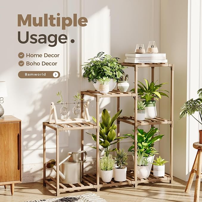 Bamworld Plant Stand Indoor Wood Plant Shelf Outdoor Tiered Plant Rack - Image 3