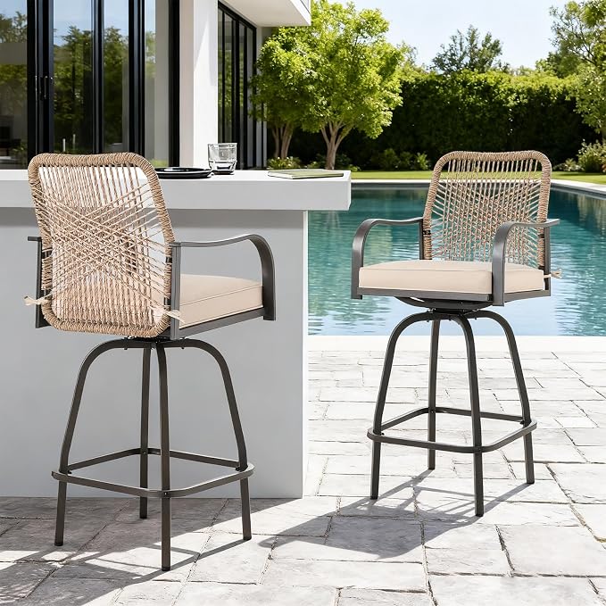 Patio Swivel Bar Stools Set of 2, Outdoor Rattan Height Bar Patio Swivel Chairs - Image 8
