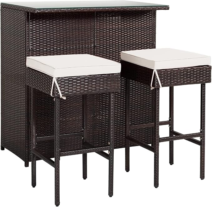HAPPYGRILL 3PCS Patio Bar Set Rattan Wicker Bar Stools & Table by HAPPYGRILL