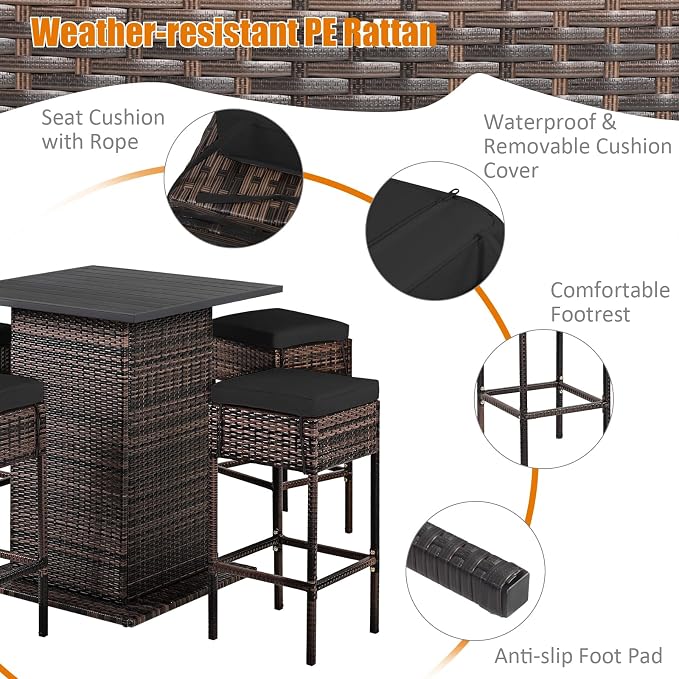 HAPPYGRILL 5 Pieces Rattan Bar Set, Outdoor Wicker Bar Table and 4 Bar Stools - Image 8