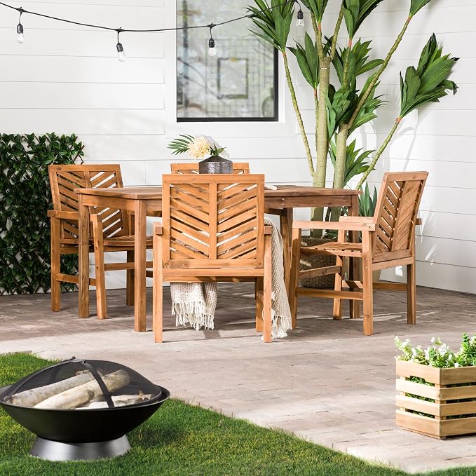Walker Edison 4 Person Outdoor Wood Chevron Patio Furniture Dining Set Table - Image 4
