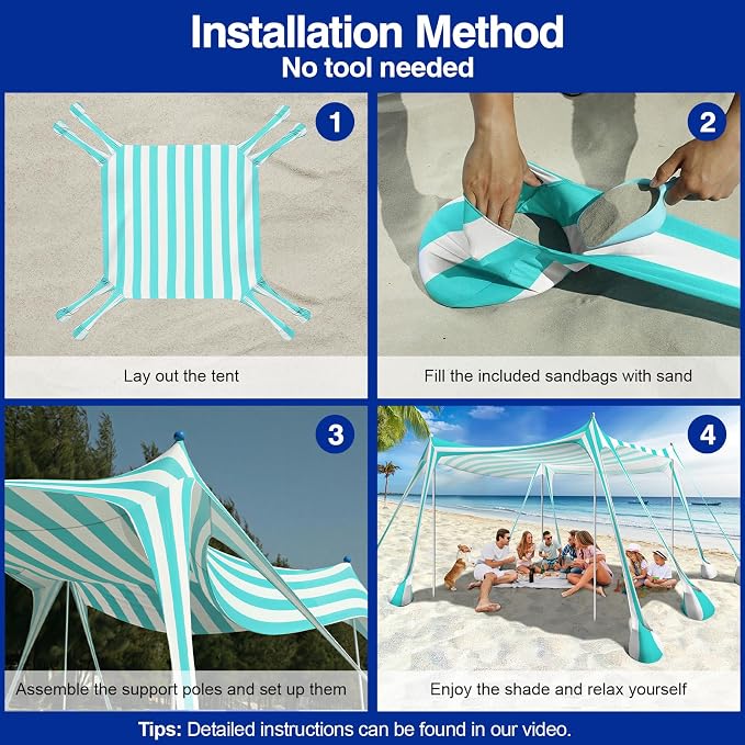 Rhino Valley Beach Tent Shade Canopy UPF50+ Protection, 8 Sandbags, 4 Stability - Image 5